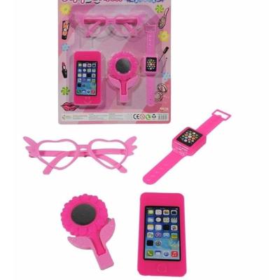 Kız Çocuk Pembe Takı ve Aksesuar Seti (4 Parça) Kalpli Güneş Gözlüğü Oyuncak Akıllı Telefon Oyuncak Akıllı Saat: Çiçekli El Aynası