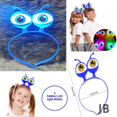 Led Işıklı  Pilli 3 Farklı Modda Yanan Uzaylı Göz Parti Tacı Mavi Renk 18x12 Cm