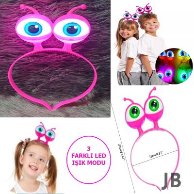 Led Işıklı  Pilli 3 Farklı Modda Yanan Uzaylı Göz Parti Tacı Pembe Renk 18x12 Cm