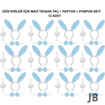Mavi Tavşan Kostüm Seti – Taç, Papyon, Ponpon (12’li Paket)