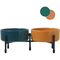 Metal Ayaklı Çift Taraflı Seramikten Evcil Hayvanlarınız için Mama ve Su Kapları (Yesil-sari)