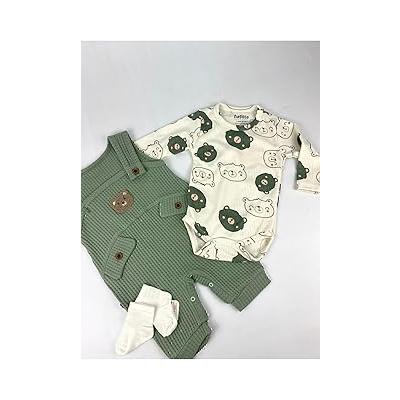 MYZİ STORE Ayı Nakışlı Erkek Bebek Tulum Yeşil 6 Ay
