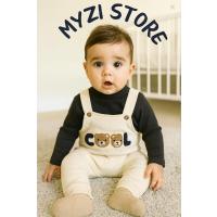 MYZİ STORE Bebek Erkek 2'li Tulum Takımı - Üst Giyim ve Ayı Nakışlı Salopet Bej 18-24 AY