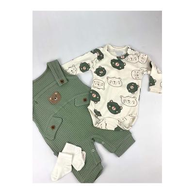 MYZİ STORE Bebek Erkek 3'lü Tulum Takımı Salopet Ve Çorap Seti Ayıcık Desenli Badi Ayı Nakışlı Pamuklu Unısex YEŞİL 0-3 AY