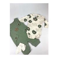 MYZİ STORE Bebek Erkek 3'lü Tulum Takımı Salopet Ve Çorap Seti Ayıcık Desenli Badi Ayı Nakışlı Pamuklu Unısex YEŞİL 6-12 Ay
