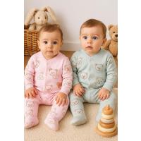 MYZİ STORE Haki Kız Bebek Ayıcık Desenli 2li Tulum Takımı Yenidoğan Kıyafeti 2 Parça Organik Pamuklu