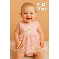 MYZİ STORE Kız Bebek Elbise Tek Parça Yazlık%100 Pamuk Kumaş Tüllü Çiçek Desenli Elbise