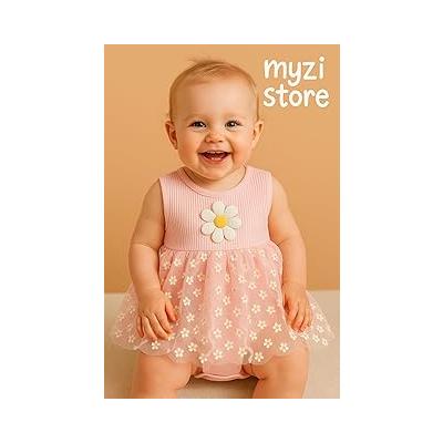 MYZİ STORE Kız Bebek Elbise Tek Parça Yazlık%100 Pamuk Kumaş Tüllü Çiçek Desenli Elbise