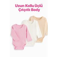 MYZİ STORE Kız Bebek Yenidoğan 3 Adet%100 Pamuk Uzun Kollu Çıtçıtlı Body Badi Zıbın