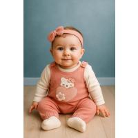 MYZİ STORE Peluş Kedi Desenli Çiçekli Bebek Tulum – 0-12 Ay Arası Bej 9-12 Ay