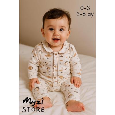 MYZİ STORE Yenidoğan Bebek Çocuk Pijama Takımı Krem Kahverengi 3-6 AY