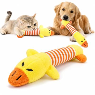 Peluş Ördek Kedi Köpek Oyuncağı - Isırınca Ses Çıkaran İnteraktif Oyun Arkadaşı - Yumuşak Dokulu Çizgili Tasarım - Yavru ve Yetişkin Evcil Hayvanlar İçin - 25 x 10 x 4 cm - Sarı Turuncu
