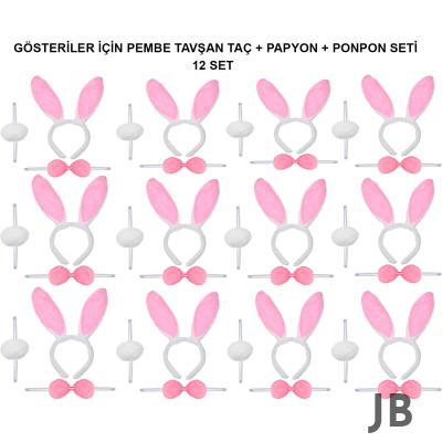 Pembe Tavşan Kostüm Seti – Taç, Papyon, Ponpon (12’li Paket)