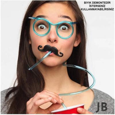 Pipetli Parti Gözlüğü - Çocuk Ve Yetişkin Bıyıklı Pipet Gözlük Mavi Renk 18x14 Cm