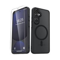 PSR Aksesuar Galaxy Uyumlu Ekran Koruyuculu Kılıf + M-Safe Şarj Destekli Kamera Çıkıntılı Mat Kapak | Telefon Tam Koruma Seti (Siyah, Galaxy S23)