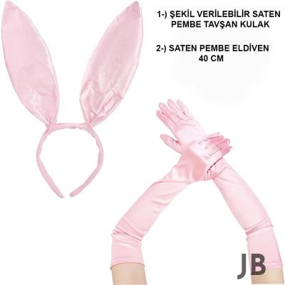 Saten Kaplama Soft Pembe Eldiven 40 Cm Ve Tavşan Kulak 2 Li Set