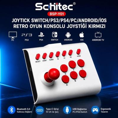 ScHitec BSP-Y01 Joystick Switch/Ps3/Ps4/Pc/Android/İos MF/TV Retro Oyun Konsolu Joystiği Kırmızı