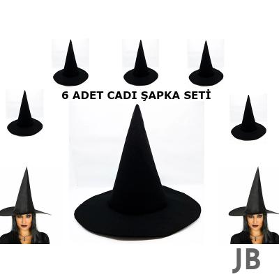 Siyah Cadı Şapkası Keçe Yetişkin Boy 6 Adet