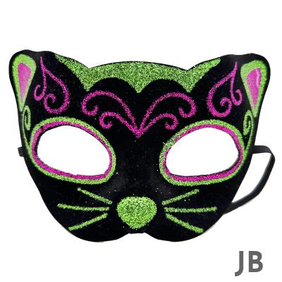 Siyah Kadife Kaplama Üzeri Pembe Yeşil Sim İşlemeli Kedi Maskesi 20x13 Cm
