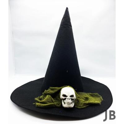 Siyah Renk Yeşil Duvaklı Kuru Kafa Temalı Cadı Şapkası 35x38 Cm