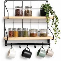 SOGUD Mutfak Rafı - 2 Katlı Baharatlık ve 6'li Kupa Askısı - Duvar Tipi Metal Ahşap Mutfak Düzenleyici - 40x30x10 cm - Çay Kahve Organizeri - Çivi ve Vida Dahil Değildir
