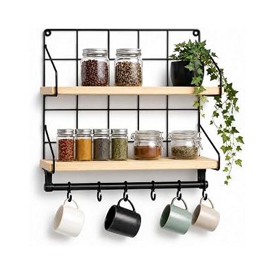 SOGUD Mutfak Rafı - 2 Katlı Baharatlık ve 6'li Kupa Askısı - Duvar Tipi Metal Ahşap Mutfak Düzenleyici - 40x30x10 cm - Çay Kahve Organizeri - Çivi ve Vida Dahil Değildir