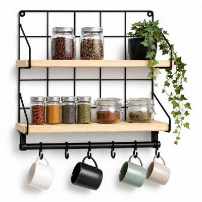 SOGUD Mutfak Rafı - 2 Katlı Baharatlık ve 6'li Kupa Askısı - Duvar Tipi Metal Ahşap Mutfak Düzenleyici - 40x30x10 cm - Çay Kahve Organizeri - Çivi ve Vida Dahil Değildir