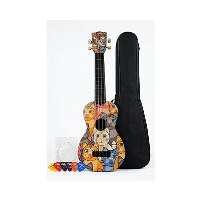 Soprano Ukulele, Kedi Desenli, Renkli Çizimli, 4 Telli Müzik Aleti, Dekoratif Çocuk ve Yetişkin Müzik Enstrümanı