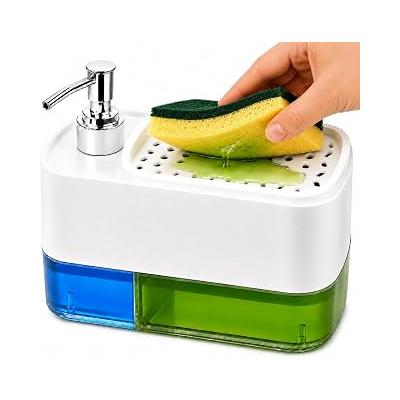 Sünger Hazneli Basmalı İkisi Bir Arada Otomatik Tezgah Üstü El ve Bulaşık Yıkama Düzenleyici Organizer Banyo ve Mutfak İçin Duo Sıvı Sabunluk (Beyaz)