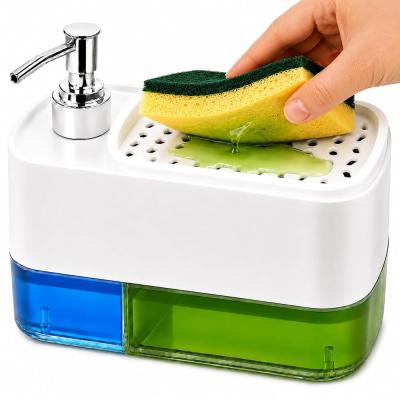Sünger Hazneli Basmalı İkisi Bir Arada Otomatik Tezgah Üstü El ve Bulaşık Yıkama Düzenleyici Organizer Banyo ve Mutfak İçin Duo Sıvı Sabunluk (Beyaz)