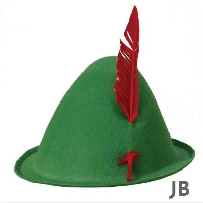 Yeşil Renk Kırmızı Tüylü Peter Pan Şapkası Robin Hood Şapkası 24x23 Cm