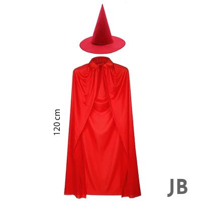 Yetişkin Boy 120 Cm Kırmızı Yakalı Pelerin Ve Kırmızı Cadı Şapkası