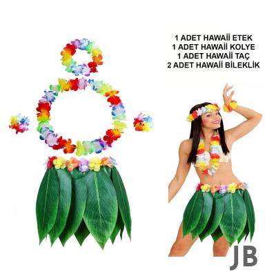 Yetişkin Hawaii Kostüm Seti - Yaprak Etek  Hawaii Set - 5 Parça