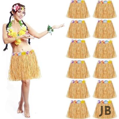 Yetişkin Ve Çocuk Uyumlu Saman Renk Hawaii Luau Hula Etek 40 Cm 12 Adet