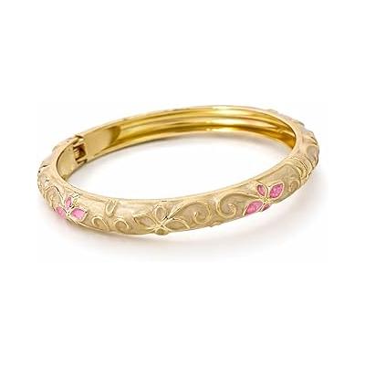 Zarif Mineli Altın Rengi Emaye Bilezik, Çiçek Desenli, Metal Bangle Tasarım, Kadın Takı Aksesuarı Kelepçe