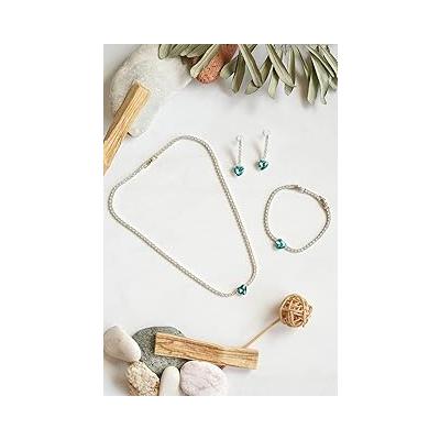 Zirkon Taşlı Turkuaz Kalpli Su Yolu Silver Kolye & Bileklik Set