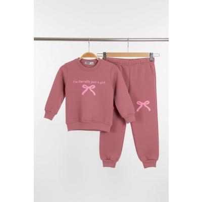 zubi baby 3 İplik Şardonlu Şık ve Rahat Pembe Fiyonklu Kız Çocuk Eşofman Takımı (3-7 Yaş)
